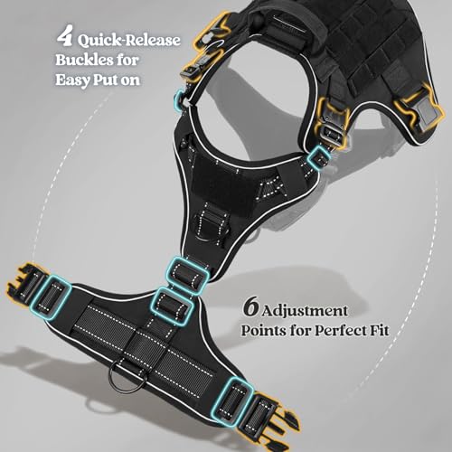 rabbitgoo Tactical Dog Harness Small Sized, No Pull Upgraded Reflective Heavy Duty Molle Vest with Handle, Adjustable Military Service Dog Vest for Walking Hiking Training, Black, S - color: Black Reflective, size: Small