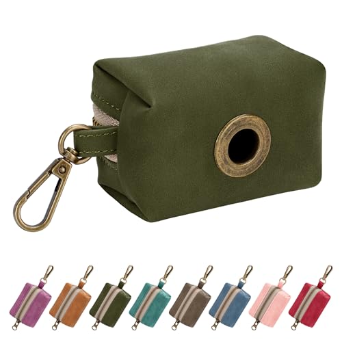 Didog Stylish Dog Poop Bag Holder for Leash, Easy-Pull and Colorful PU Leather Dog Poop Bag Dispenser with Metal Clip, Includes 1 Roll Pet Waste Bag for Daily Walking,Dark Green - color: Dark Green
