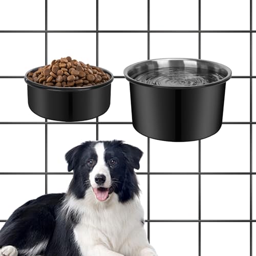 No Spill Water Bowl for Dogs, Sturdy Stainless Steel Dog Dishes 2 Pack with Dog Bowl Holder Hanging on Pet Cage Kennel Crate, Detachable Metal Food/Water Bowl Set for Medium/Large Dogs - color: Black