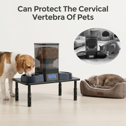 Raised Automatic Cat Feeder Stand for Double Bowl Feeders, Carbon Steel 14.57 x 9.25 in, 3 Adjustable Heights 3.94-5.5 in, Non-Slip, Fits Feeders & Water Dispensers, No-Drill (Black) - color: Black