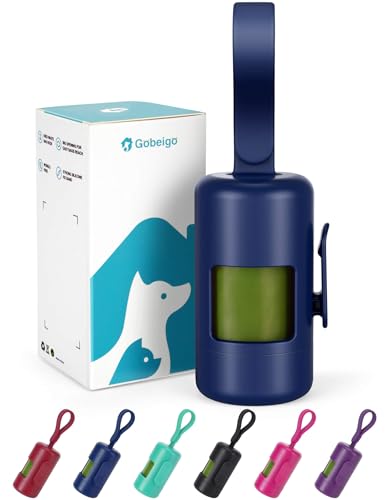 Gobeigo Dog Poop Bag Holder【Convenient Hook for Used Bags】【Silicone Strap Fits Any Leash】【Large Opening for Easy Dispensing】with 1 Roll Waste Bags (Blue) - color: Blue