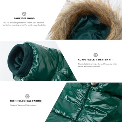 PINA Dog Winter Coat with Faux Fur Hood, Windproof and Warm, Suitable for Small to Large Dogs, Green, M - color: Green, size: M(chest:19.6in)