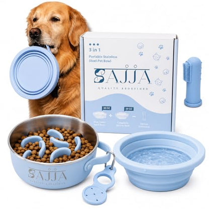 Blue Slow Feeder Travel Dog Bowl Set – 30oz Stainless Steel + 20oz Collapsible Silicone Dish + Silicone Slow Feeder Insert | Water Bottle Holder | Non-Slip, Anti-Choking, BPA-Free – Claim - color: Slow feeder Blue Bowl