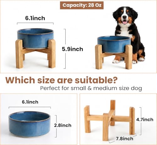 hjn Elevated Ceramic Dog Bowl with Bamboo Stand, Raised Pet Feeding Station for Small Medium Dogs Cats, Modern Design with Anti-Slip Base (Deep Blue, 3.6Cup) - color: Deep Blue, size: 3.6Cup