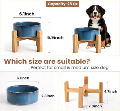 hjn Elevated Ceramic Dog Bowl with Bamboo Stand, Raised Pet Feeding Station for Small Medium Dogs Cats, Modern Design with Anti-Slip Base (Deep Blue, 3.6Cup) - color: Deep Blue, size: 3.6Cup