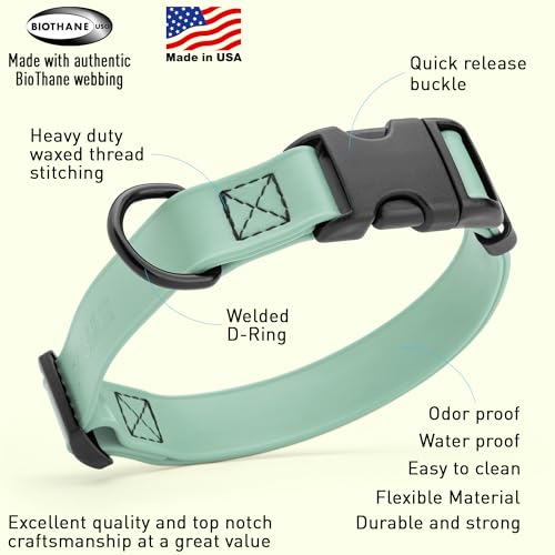 Dogline Biothane Waterproof Dog Collar with Quick Release Buckle Strong Coated Nylon Webbing with Odor- Proof for Easy Care Easy to Clean Fits Small Medium Large Dogs, Sage Green 5/8" W 9-14" L