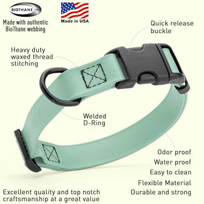 Dogline Biothane Waterproof Dog Collar with Quick Release Buckle Strong Coated Nylon Webbing with Odor- Proof for Easy Care Easy to Clean Fits Small Medium Large Dogs, Sage Green 5/8" W 9-14" L