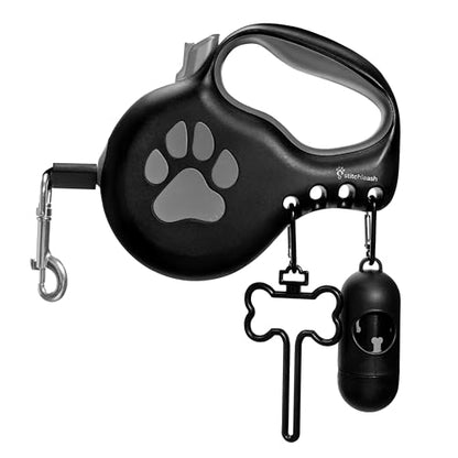 Retractable Dog Leash for Large & Extra Large Dogs (Up to 110lbs) - Customizable, Patented, Reflective Design, Ergonomic Handle, Includes Hooks & Poop Bag Holder & Dispenser - Black - color: Black, size: L/XL - Up to 110 Lbs