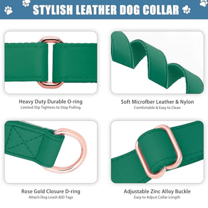 Soft Leather Martingale Dog Collar - Adjustable Rose Gold Limited Slip Collars [Easy to Clean], Stylish Durable Heavy Duty Nylon No Pull Training Collar for Small Medium Large Dogs XS Dark Green - color: Dark Green, size: XS (Neck 8"-11", Width 3/5")