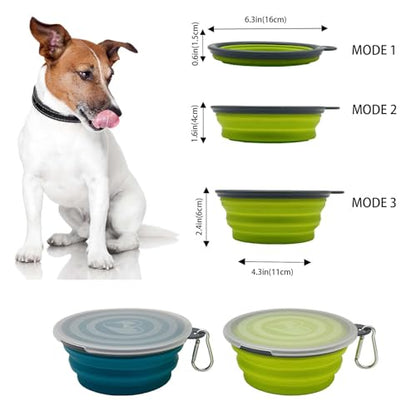 Medium Collapsible Dog Bowl 23oz,2 Pack Portable and Foldable Pet Travel Bowls with 2 Carabiners & Lids for Dogs Cats and Small Animals (Blue+Green+Grey, 650ml)