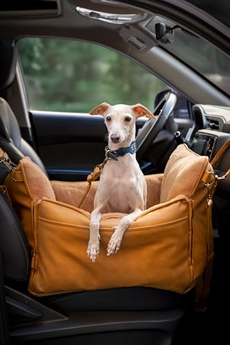 NOAH & PAW Small Dog Car Seat for Small Medium Pets with Harness Clip, 4X Safety Feature, Washable Dog Seat for Car, Orthopedic Foam Wrapped with Plush, Vegan Leather - color: Camel