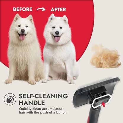 KONG Large Self-Cleaning Slicker Brush – Easy Hair Removal, Reduces Shedding, Non-Slip Grip, Long Metal Pins, for Medium to Large Dogs with Medium to Long Coats, Red/Gray - size: Large Self-Cleaning Slicker