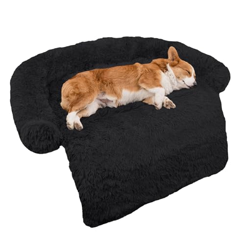 GGIB Calming Dog Bed Fluffy Plush Dog Mat for Furniture Protector with Removable Washable Cover for Large Medium Small Dogs and Cats (Medium, Black) - color: Black, size: 41.0"L x 37.0"W x 6.0"Th