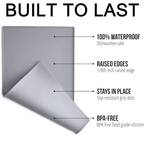 Dog Feeding Mat, Anti-Slip Dog Bowl Mats for Food and Water, Waterproof Raised Edge Pet Feeding Mat for Contain Spills Protect Floors, Pets Accessories (18.5” x 11.5”, Light Gray)