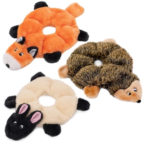 ZippyPaws Loopy - No Stuffing Dog Toys to Keep Them Busy, for Small, Medium, & Large Dogs, Squeaky Pet Toys for Boredom, Unstuffed Chew Toy, Plush Puppy Products, Sheep, Hedgehog, & Fox - 3 Pack, 10"