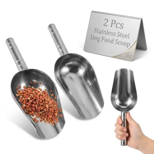 POPETPOP 2-Pack 1-Cup Stainless Steel Dog Food Scoop Set – Thin-Edge Pellet Shovel for Effortless Dry Pet Food Measuring & Mess-Free Serving, Dishwasher-Safe Metal Scoop for Dog Cat Bird Feed - color: Silverx2pcs, size: 23.8*8cmx2pcs