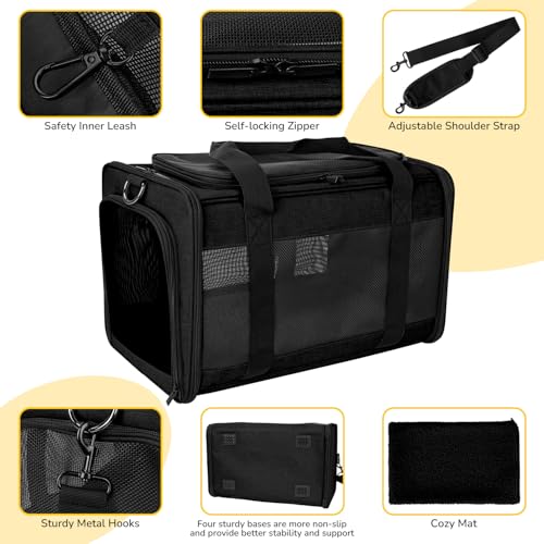 Hipubby Cat Carrier Dog Carrier for Pets Up to 16 Lbs, Soft-Sided Pet Travel Carrier for Cats and Small Dogs, Airline Approved Pet Carrying Case with Shoulder Strap & Removable Mat - Black - color: Black