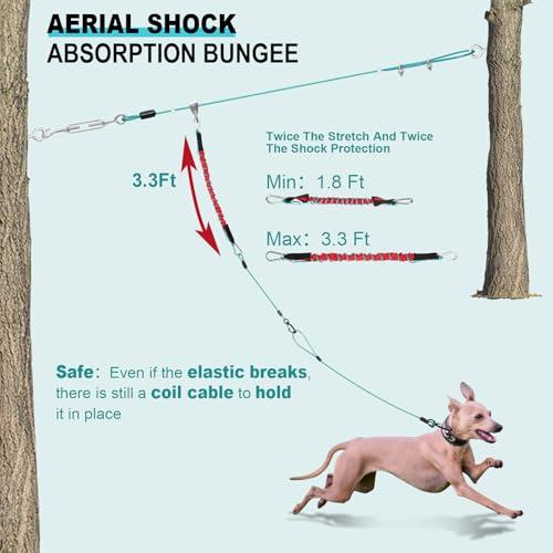 Dog Runner for Yard - 100ft Aerial Dog Run Cable System with Shock Absorbing Bungee Tether, Chew Proof Steel Cable & Tangle Free Pulley for Large Dogs, Backyard Zip Line for Dogs - size: 100FT