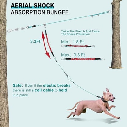 Dog Runner for Yard - 100ft Aerial Dog Run Cable System with Shock Absorbing Bungee Tether, Chew Proof Steel Cable & Tangle Free Pulley for Large Dogs, Backyard Zip Line for Dogs - size: 100FT