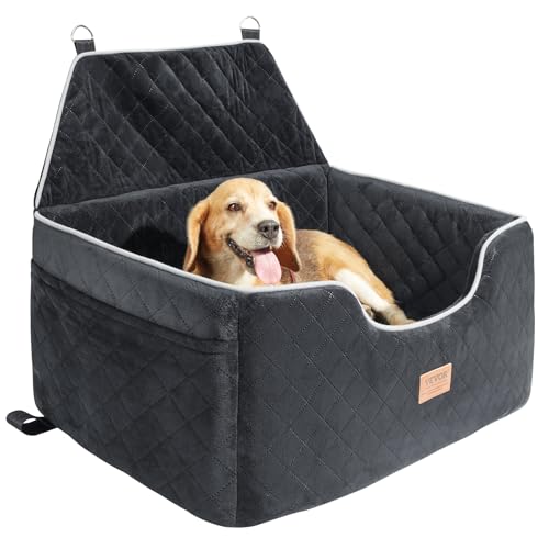 VEVOR Dog Car Seat, Waterproof Dog Booster Seat for Car with Side Handles and a Storage Pocket, Clip-On Safety Leash and PP Cotton Filling, Vehicle Bed for Small Dogs up to 25lbs, Gray - color: Black, size: Large