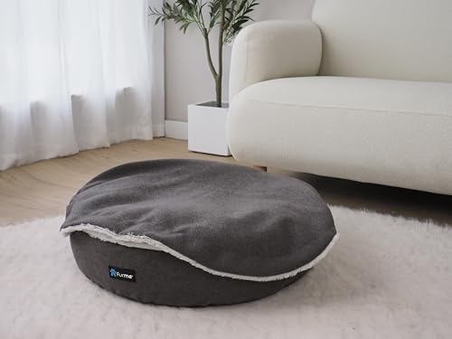 FurMe Graphite Cave Pet Bed with Blanket - Fluffy Small Dog Bed with Cover Cave for Medium Size & Small Dogs with Washable Cover, Calming & Cozy Pet Sleeping Nest