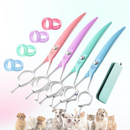 7'' Curved Dog Grooming Scissors Blue to White Gradient | 440C Stainless Steel, Sharp Durable, Professional or Home Use, Ergonomic Handle with 2 Silicone Finger Rings - color: Blue
