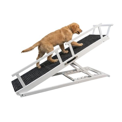 Dog Ramp for Bed - 7-Level Adjustable (13"-37") Birchwood, 60" Foldable Soft Carpet Ramp with Removable Washable Cover & Rails, for High Bed/Couch, DIY Glow Strips, Supports 200 Lbs - color: White - Carpet Style