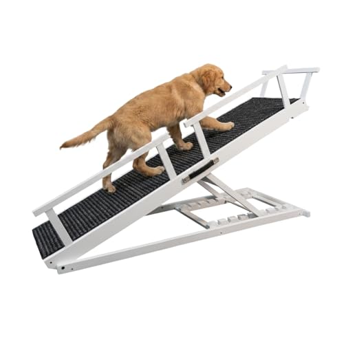 Dog Ramp for Bed - 7-Level Adjustable (13"-37") Birchwood, 60" Foldable Soft Carpet Ramp with Removable Washable Cover & Rails, for High Bed/Couch, DIY Glow Strips, Supports 200 Lbs - color: White - Carpet Style