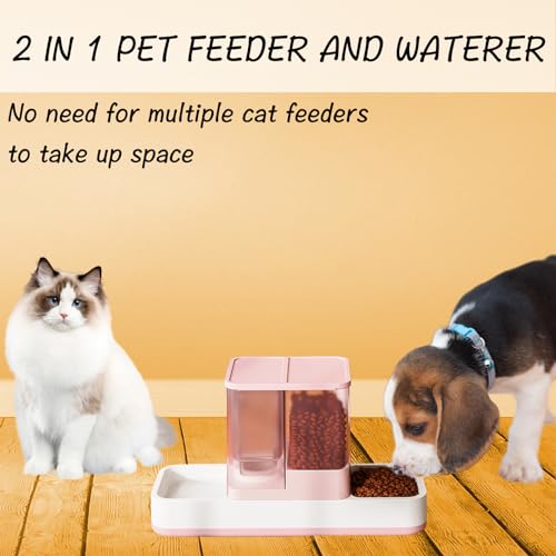 Tfwadmx Automatic Cat Food and Water Dispenser Gravity Dog Feeder Auto Cat Feeder 2 in 1 Pet Food Dispenser for Cats Small Dogs(Pink)
