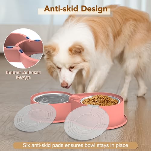 Newget Stainless Steel Dog Bowl Set with Lids, 304 Metal Dual Food & Water Bowls for Dogs & Cats, Large Capacity Pet Feeder with Cover Keeps Food Fresh, Anti-Skid Dog Dish for Small/Medium/Large Pets - color: Pink