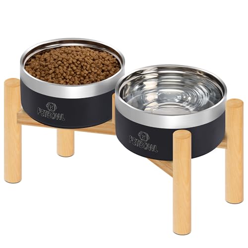 UPSKY Elevated Dog Bowls – 27oz Stainless Steel Anti-Spill Set with Wooden Stand, Double Raised Bowls for Small/Medium Dogs to Reduce Neck Strain & Improve Digestion - color: Black