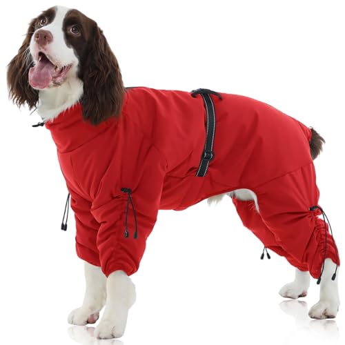 FUAMEY Full Body Dog Coat,Warm Dog Fleece Jackets with Harness Built in Windproof Dogs Snowsuit Zip up Pet Four Legged Pets Jumpsuit Winter Outfit Cold Weather Coats for Extra Large Dogs Red XL - color: Red, size: X-Large