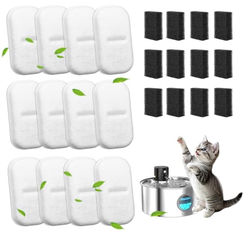 12+12 Packs Cat Water Filters Replacement for 108Oz/3.2L & 67Oz/2L Stainless Steel Pet Water Dispenser, Cat/Dog Indoor Water Dispenser Fountain for Most Pet Water Fountains 12 Filters & 12 Sponges - size: 12