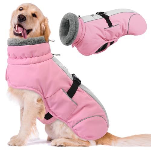 Queenmore Dog Coats for Large Breeds, Doggie Snow Jacket, Adjustable Easy On Dog Winter Jacket for Large Dogs, Waterproof Cold Weather Pet Coat, Pink, L - color: Pink, size: Large