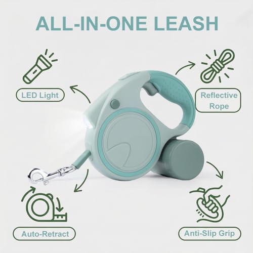16Ft Retractable Dog Leash with LED Light, Pet Walking Leash Strong Nylon Tape to 110lbs 360° Tangle-Free One-Handed Brake, Pause, Lock - Olive Green