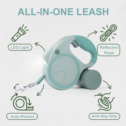 16Ft Retractable Dog Leash with LED Light, Pet Walking Leash Strong Nylon Tape to 110lbs 360° Tangle-Free One-Handed Brake, Pause, Lock - Olive Green