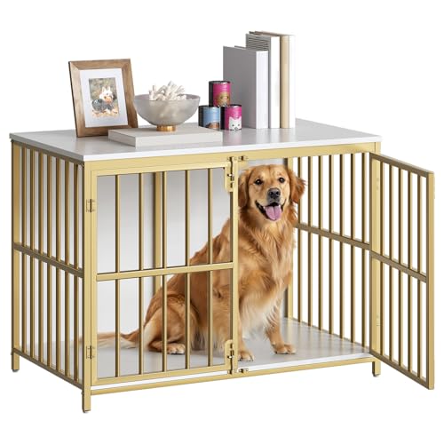 HOOBRO 38.6" Dog Crate Furniture, Wooden Dog Kennel Indoor, Heavy Duty Dog Cage for Small/Medium Dog, Decorative Side End Table, White and Gold DW100GW03 - color: White, size: 38.6"L x 23.6"W x 29.5"H