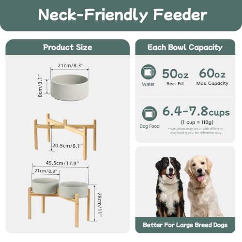 Havniva 8.3” Dog Bowls Elevated Ceramic Dog Food and Water Bowl Set, Double Raised Dog Water Bowl with Stand Non-Slip Rubber Base Large Capacity Feeding Pet Food Bowl for Large Dogs - color: Matte Gray - 2 Bowls+Stand, size: 8.3 Inch
