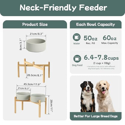 Havniva 8.3” Dog Bowls Elevated Ceramic Dog Food and Water Bowl Set, Double Raised Dog Water Bowl with Stand Non-Slip Rubber Base Large Capacity Feeding Pet Food Bowl for Large Dogs - color: Matte Gray - 2 Bowls+Stand, size: 8.3 Inch
