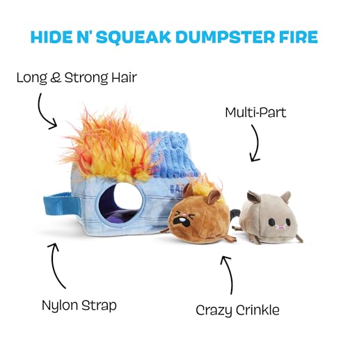BarkBox Hide N' Squeak Dumpster Fire Dog Toy | 3-in-1 Plush Set with 2 Squeakers, Crinkle & Woven Strap | for Extra Small to Small Dogs - color: Dumpster Fire