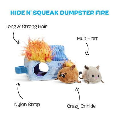 BarkBox Hide N' Squeak Dumpster Fire Dog Toy | 3-in-1 Plush Set with 2 Squeakers, Crinkle & Woven Strap | for Extra Small to Small Dogs - color: Dumpster Fire