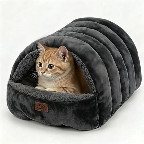 Covered Cat Bed Cave for Indoor Cats, 2-in-1 Enclosed Pet Bed for Kittens with Zippered Washable Cat Mats, Cat House Bed, Dark Grey - color: Dark Grey, size: 19.7x13.8