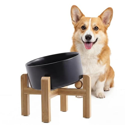 hjn Elevated Ceramic Dog Bowl/Raised Ceramic Dog Bowls with Bamboo Stand, 15°Slanted Raised Pet Feeder for Small Medium Dogs and Cats, Non-Slip Heavy Weighted Design (Black, 3.6Cup) - color: Black, size: 3.6Cup