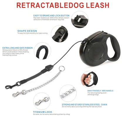 Idepet Heavy Duty Retractable Dog Leash for Small and Medium Dogs, Anti-Chewing Steel Chain Design,360 DegreeTangle-Free,Break and Lock System,26ft Leash Dog Walking (Black, Round Rope) - color: Black