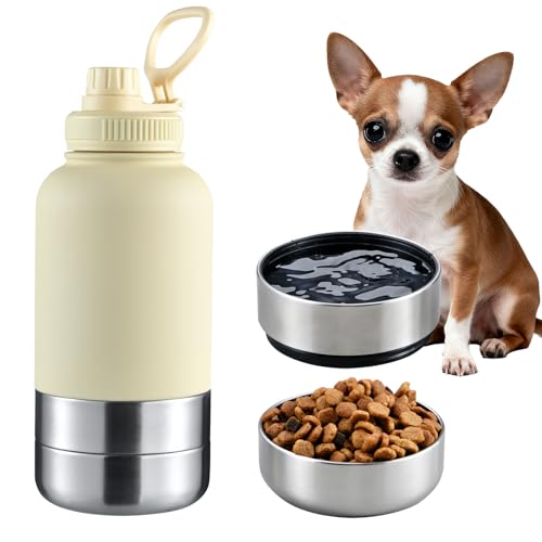 Cibaabo Insulated Dog Water Bottle with 2 Bowls, 32oz Travel Stainless Steel Double Wall Thermos, Portable Pet Dispenser, Gifts for Puppy Small Medium Dogs Walking Hiking and Camping - color: Buttercream