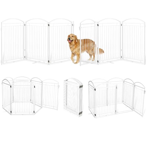 Full Metal Free Standing Dog Gate with Door for Indoor Outdoor, 144'' Extra Wide 36'' Tall Dog Gate for Doorways,Large Openings,Decks,Freestanding Portable Pet Fence(6 Panels,White) - color: White, size: 【6 Panels with Door】 36''H*144''W