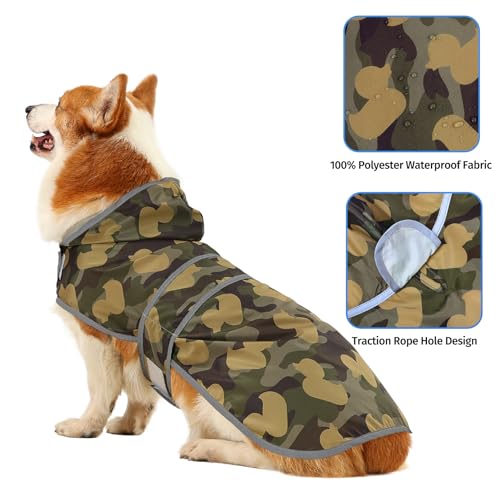 Dog Raincoat for Large Dogs Waterproof Jacket Hooded Rain Coats with Reflective Strips Leash Hole & Poncho Adjustable Fit (CamoDuck,L) - color: Camo Ducks, size: Large