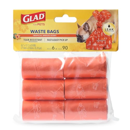 Glad for Pets Heavy Duty Dog Poop Bags, Scented Leak-Resistant Waste Bags with Fun Print Design, Tear-Resistant for Confident Pickup, Fits Standard Dispensers, 6 Rolls, 90 Count - size: 90 Count (Pack of 1), style: 90 Count (Pack of 1)