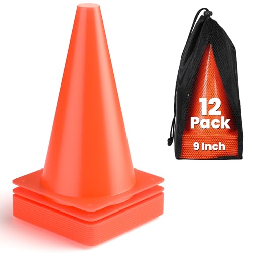 GHB Soccer Cones 7" 9" of 12 24 Pack Disc Soccer Sport Cones Training Field Marker Agility Cones for Basketball, Coaching, Practice Equipment Includes Drills Guide - color: 9" 12Pcs orange