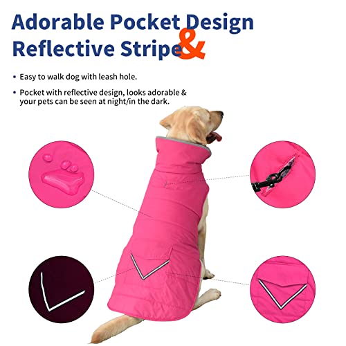 Petglad Dog Coat, Waterproof Dog Winter Jacket with Pocket, Reflective Adjustable Pet Snow Vest, Warm Cozy Fleece Sweater for Small Medium Extra Large Dogs - Pink, 3XL - color: Pink, size: 3XL(Chest Girth:33.9-42.9")